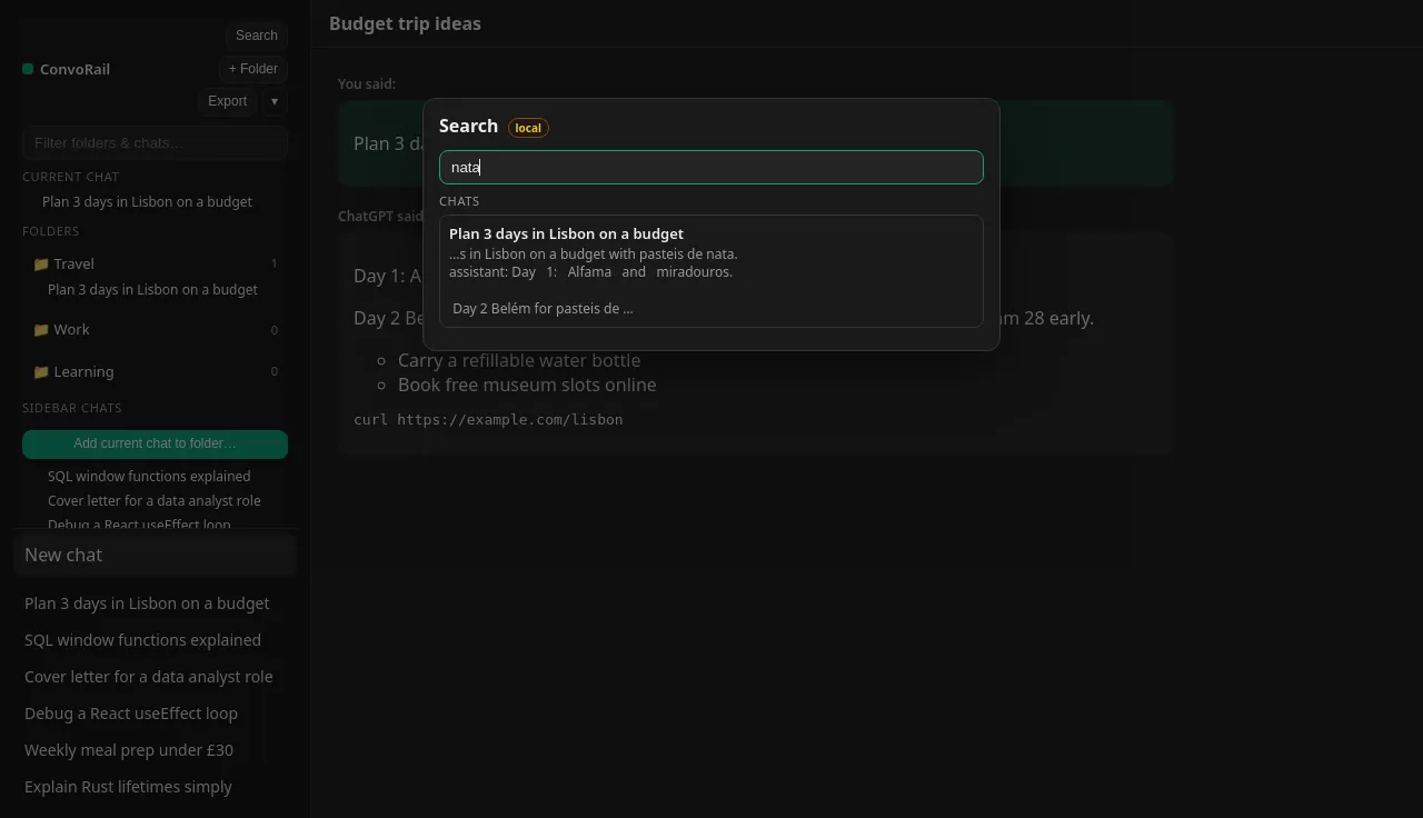 ConvoRail search box finding a chat by a word in its messages